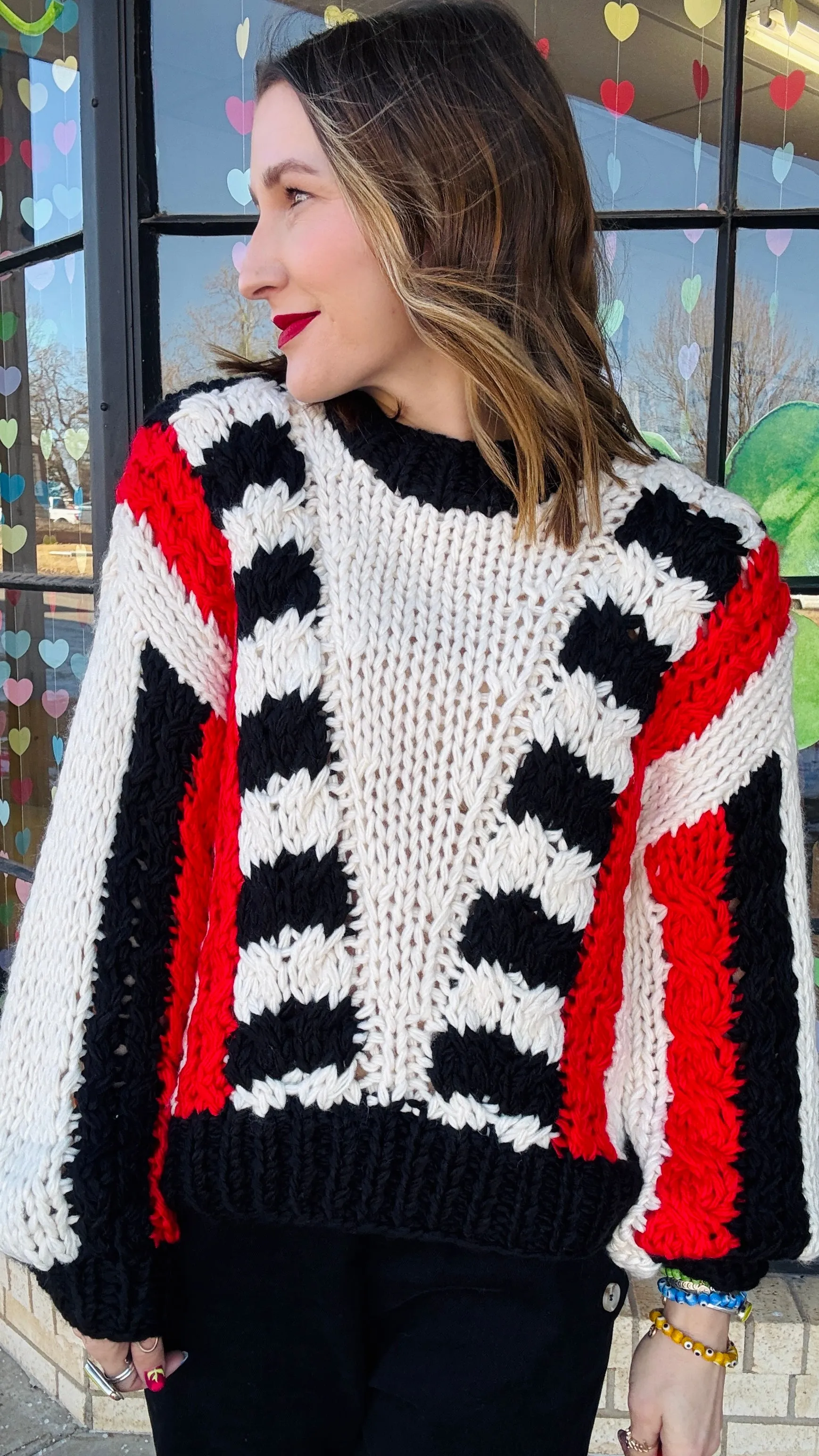Tyra Chunky Knit Striped Sweater - Red & Black