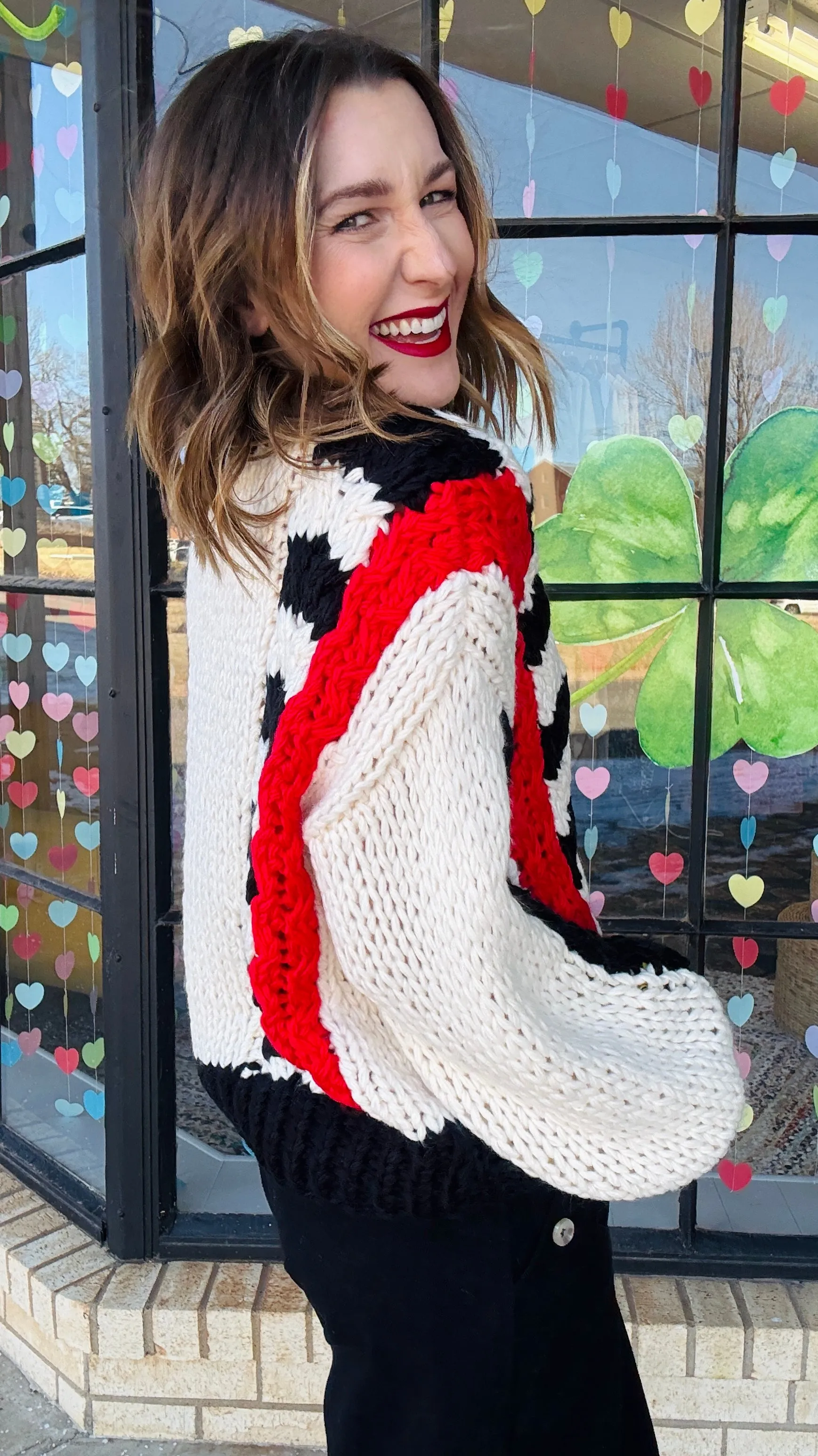 Tyra Chunky Knit Striped Sweater - Red & Black