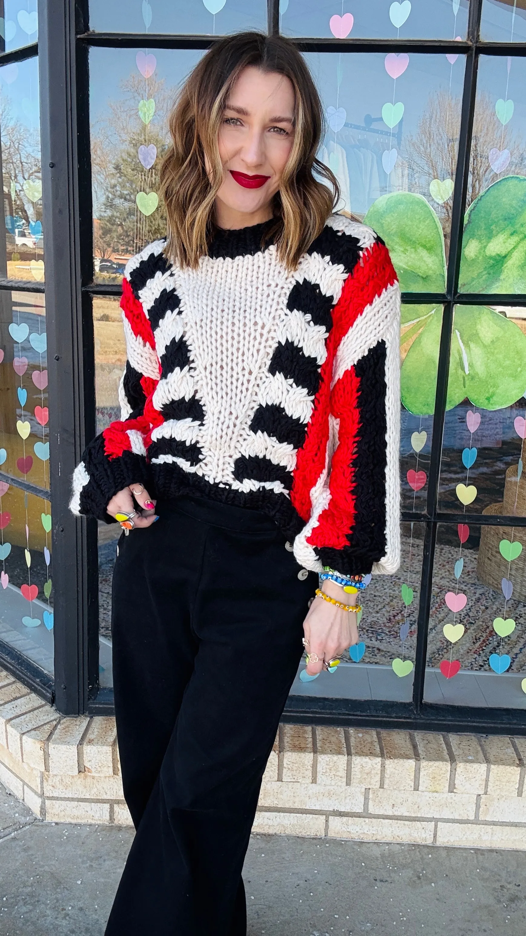 Tyra Chunky Knit Striped Sweater - Red & Black