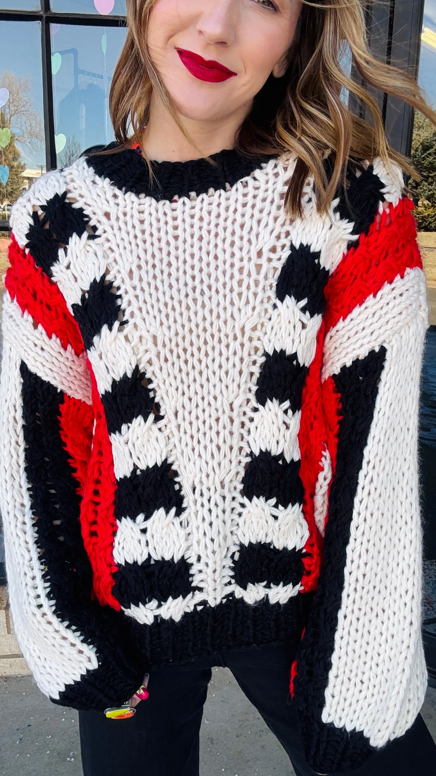 Tyra Chunky Knit Striped Sweater - Red & Black