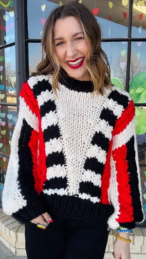 Tyra Chunky Knit Striped Sweater - Red & Black