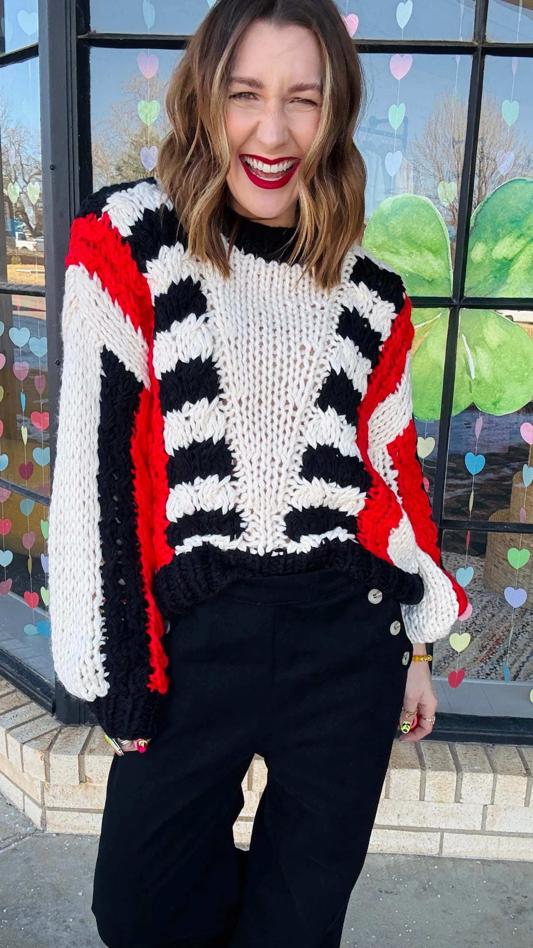 Tyra Chunky Knit Striped Sweater - Red & Black