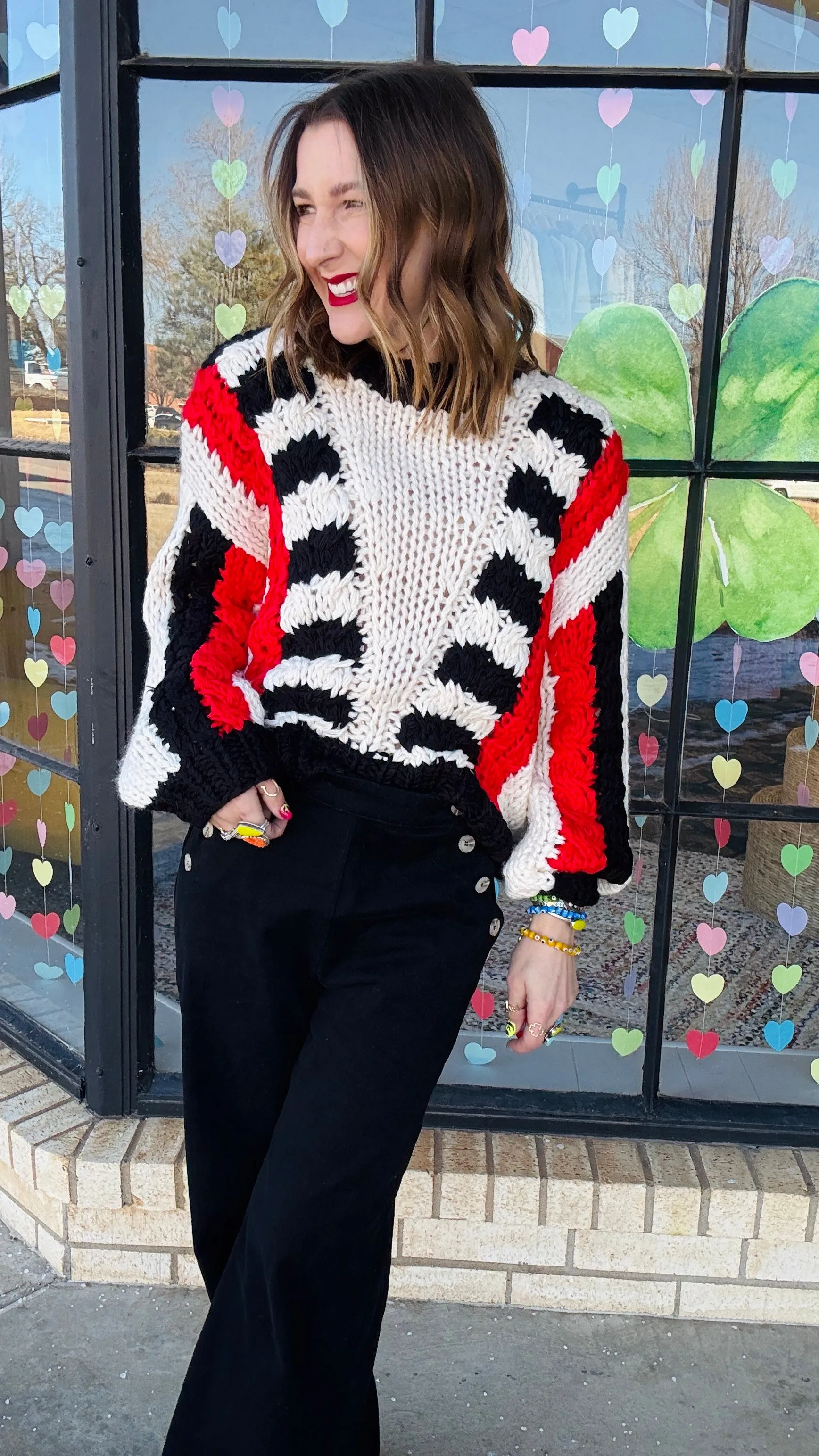 Tyra Chunky Knit Striped Sweater - Red & Black
