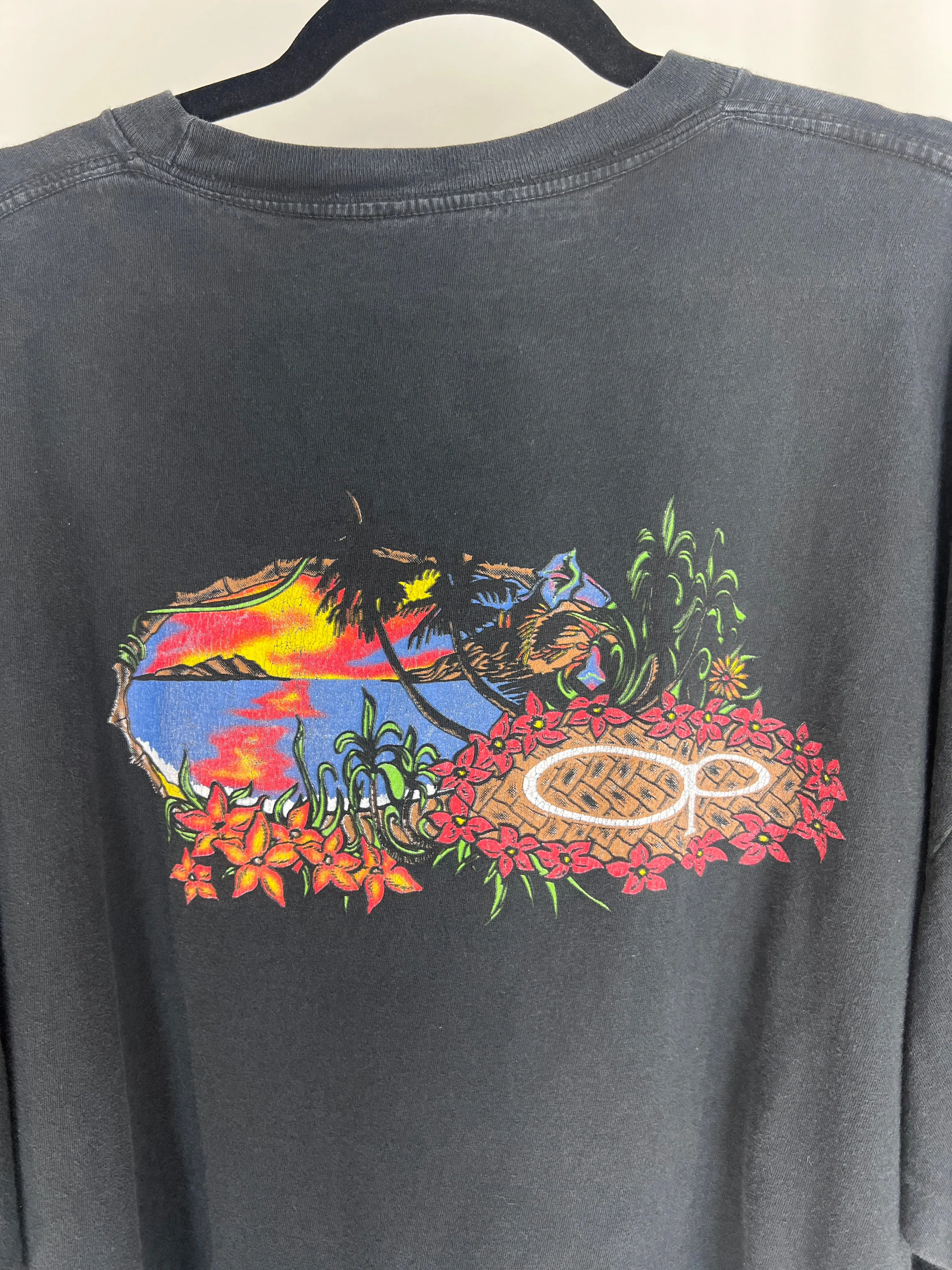 VINTAGE CROPPED OCEAN PACIFIC TROPICAL BLACK T-SHIRT