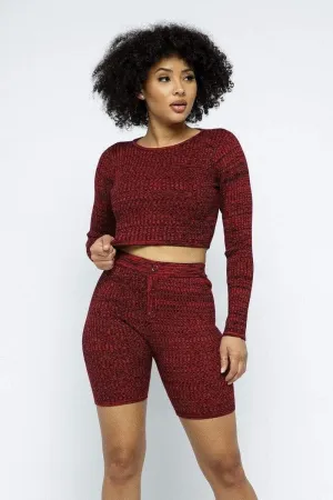 Wine Long Sleeve Crop Top And Biker Shorts With Front Buttons
