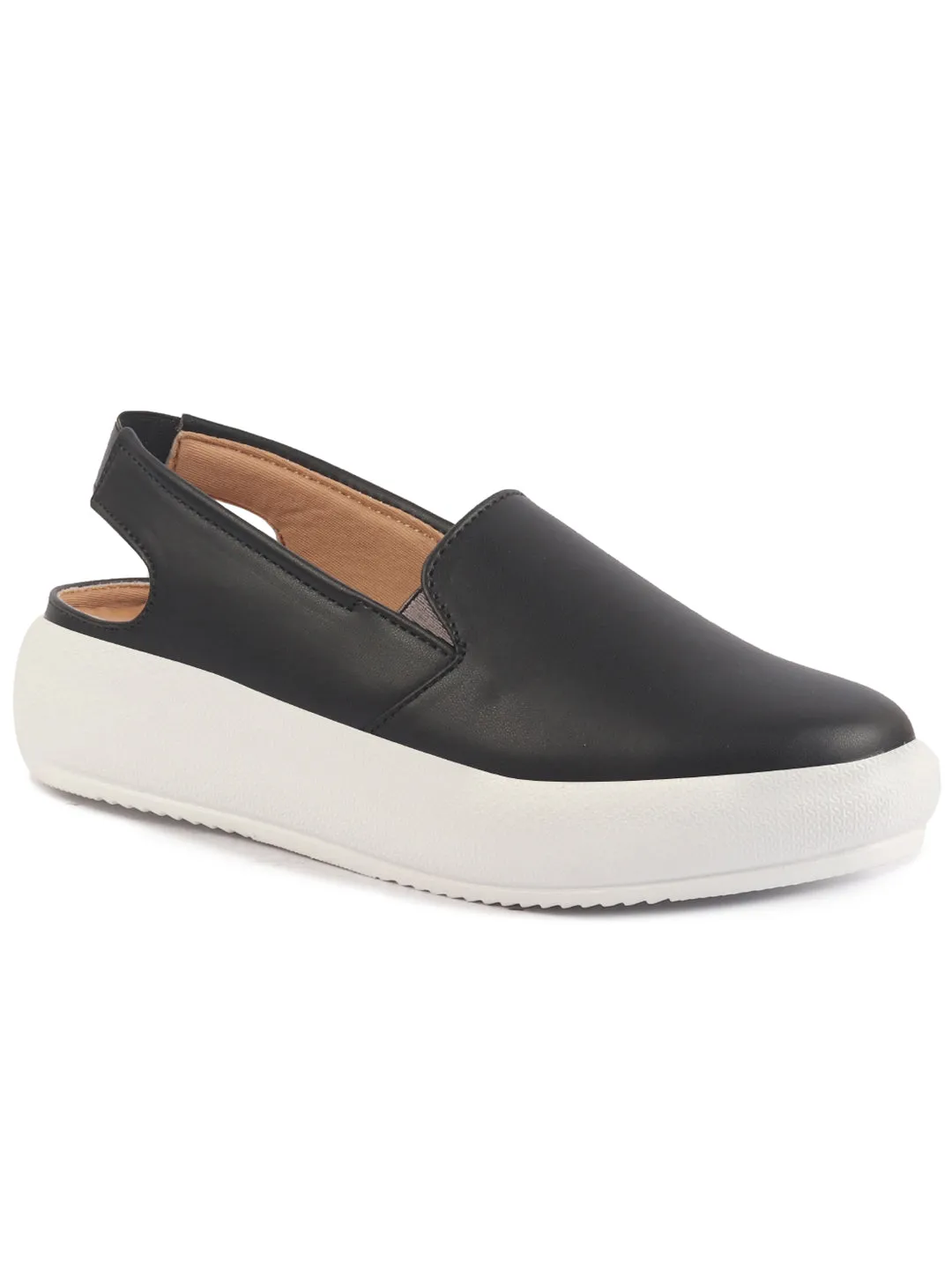 Women Black Height Enhancer Elastic Closure Back Strap Platform Heel Slip On Shoes|Stylish|Chunky|Weekend|Classic Sneaker Shoes