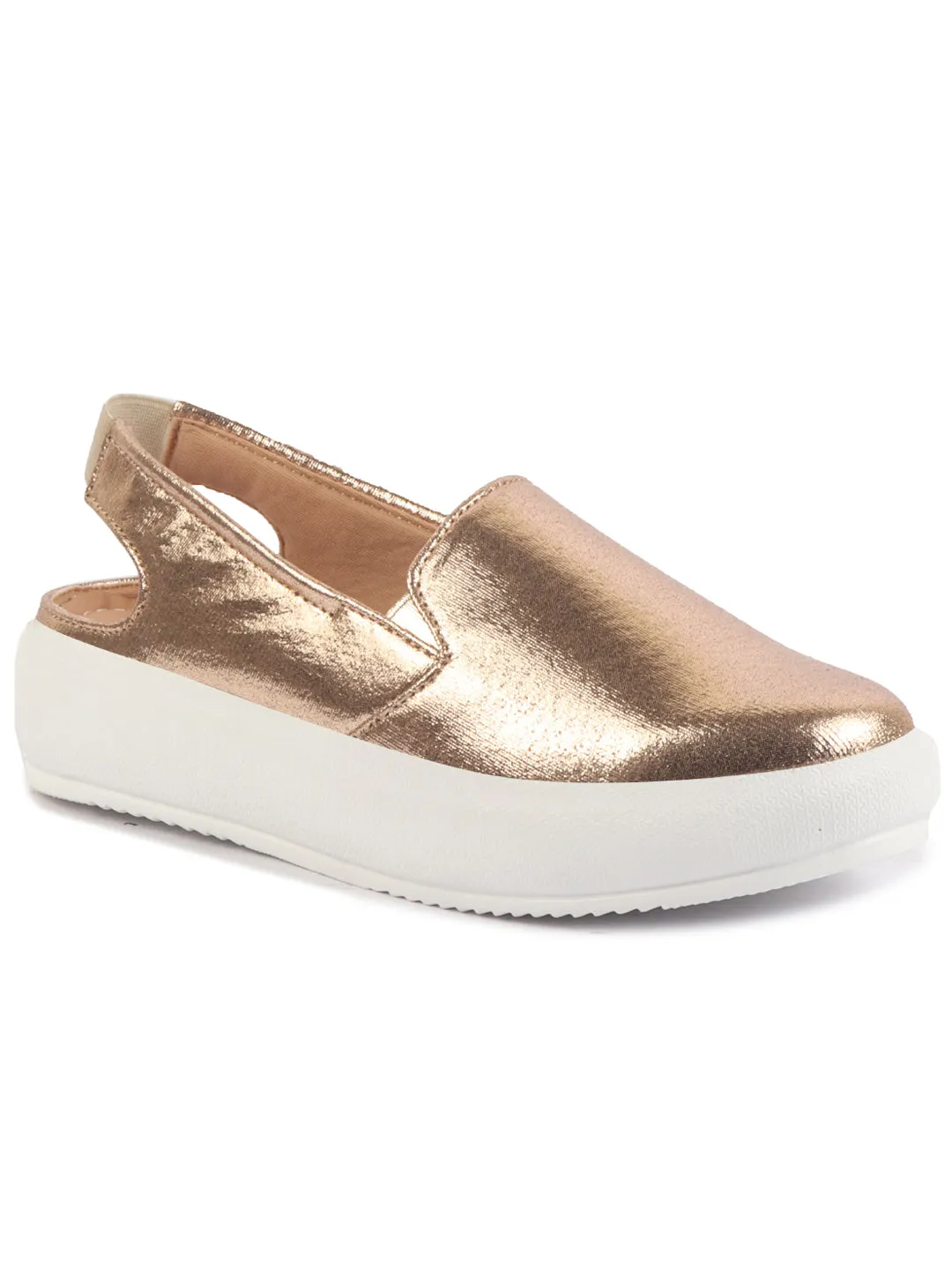 Women Golden Height Enhancer Elastic Closure Back Strap Platform Heel Slip On Shoes|Stylish|Chunky|Weekend|Classic Sneaker Shoes