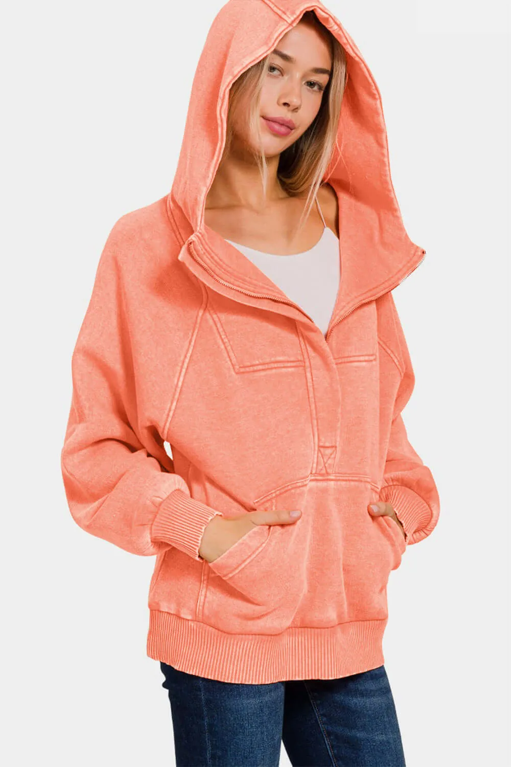 Zenana Acid Wash Fleece Kangaroo Hoodie Coral
