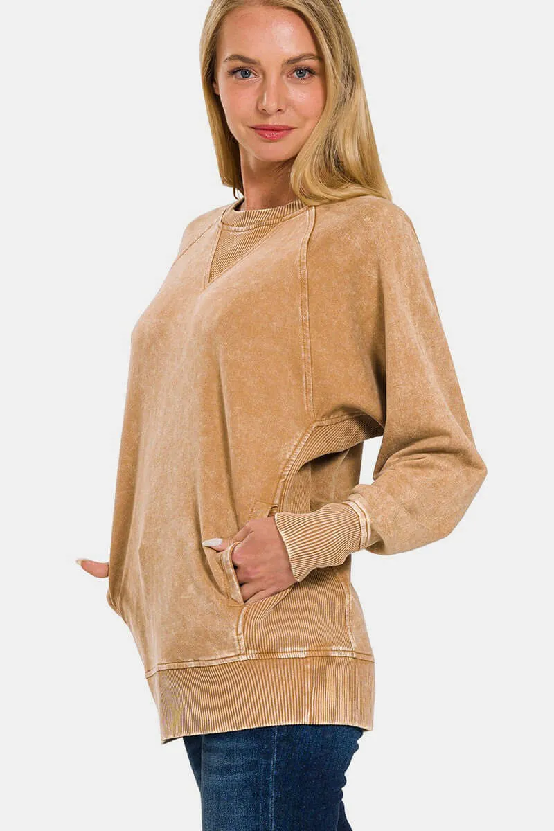 Zenana Sweatshirt Round Neck Camel