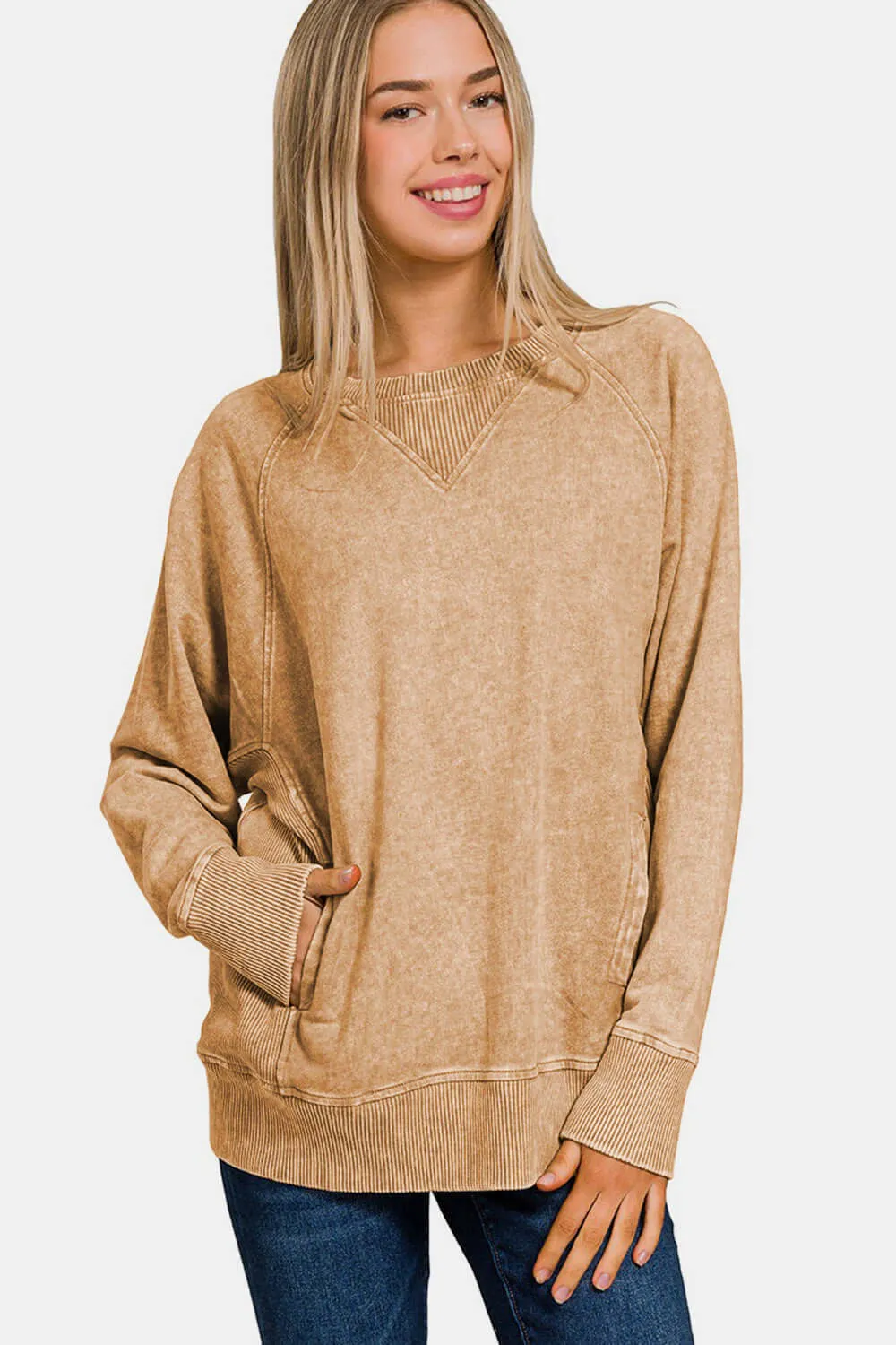 Zenana Sweatshirt Round Neck Camel